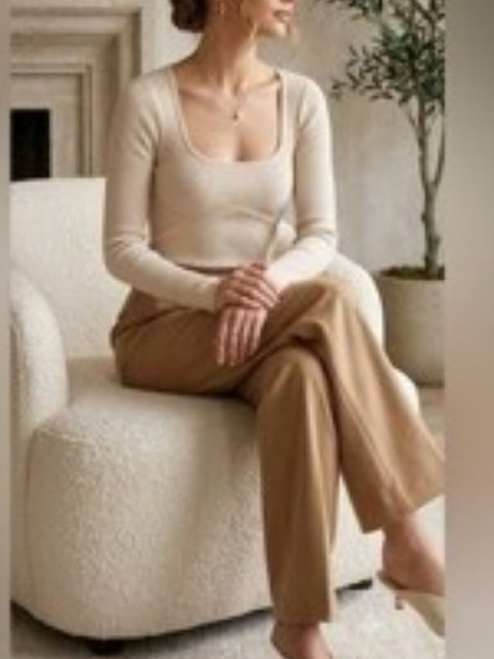 Pink Rose long sleeve square neck crop top tan women's size L